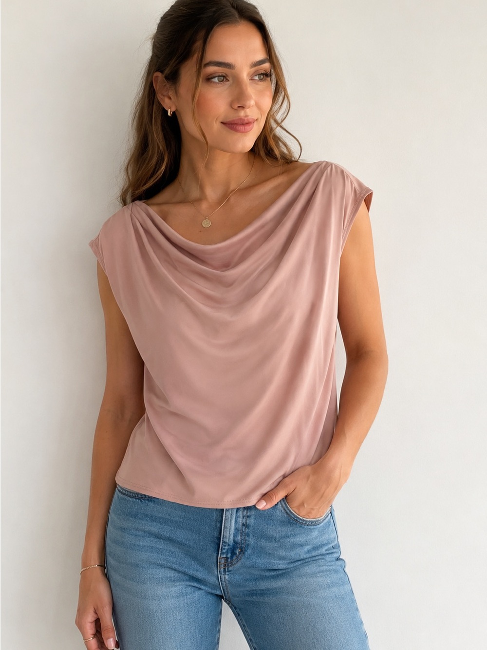 KRISA Drape Neck Sleeveless Top in Dusty Rose size M Softh Lightweight Blouse